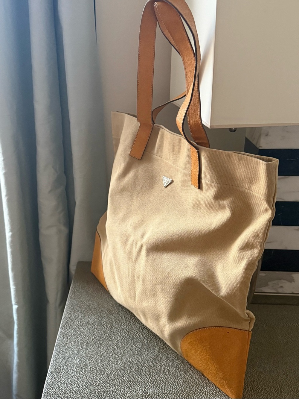 Prada Large Canapa Canvas Tote with Ochre Yellow Cinghiale Boarskin Appliqué - Picture 6 of 14